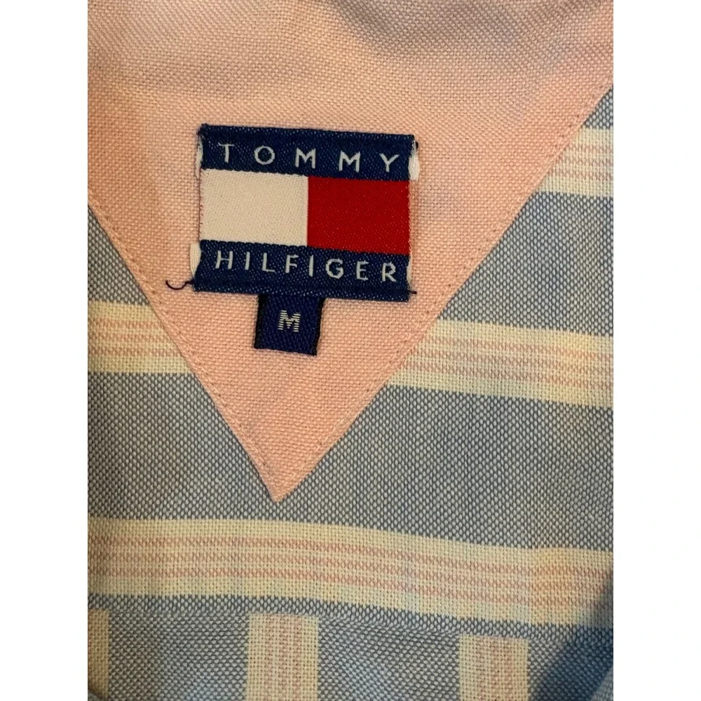 Vintage Tommy Hilfiger Men's M Blue Pink Stripe Button Down Crest Logo 90s